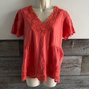 Sundance Crochet Lace Peasant Top Short Sleeve Womens Medium Coral Floral (L1)